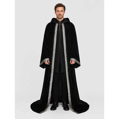 Black Hooded Halloween Cloak with Silver Trim