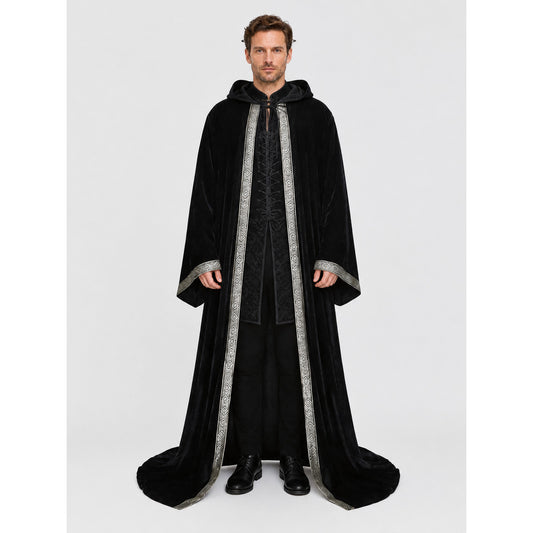 Black Hooded Halloween Cloak with Silver Trim on-model view