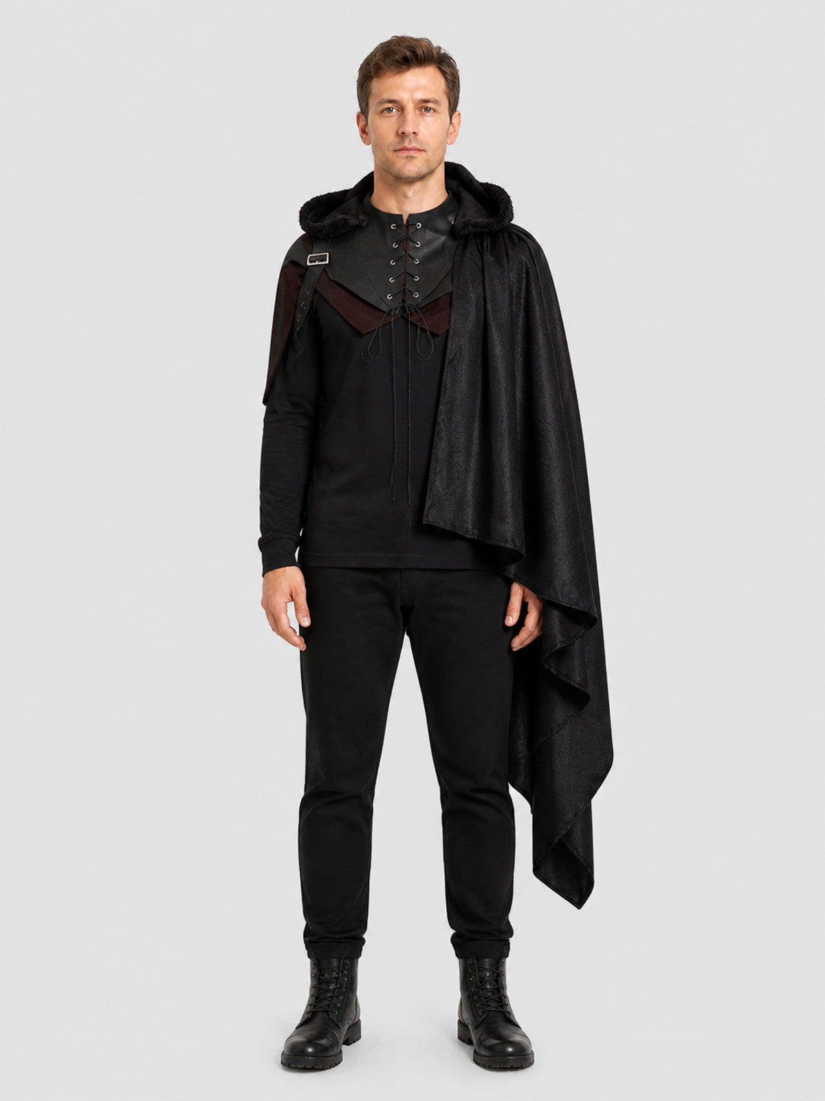 Medieval Hooded Cape, Black, Gothic on-model view