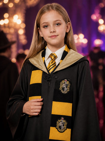 Hufflepuff Wizard Robe Costume Set With Hooded Cloak, Scarf And Tie on-model view