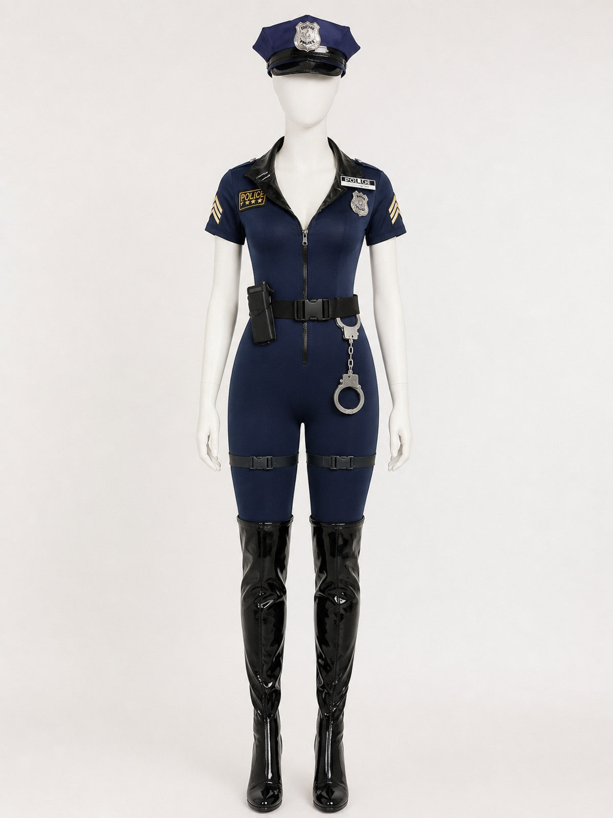 Women's Police Costume Jumpsuit, Short-Sleeve Cosplay Uniform with Badge and on-model view
