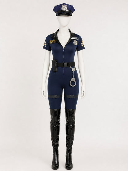 Women's Police Costume Jumpsuit, Short-Sleeve Cosplay Uniform with Badge and on-model view