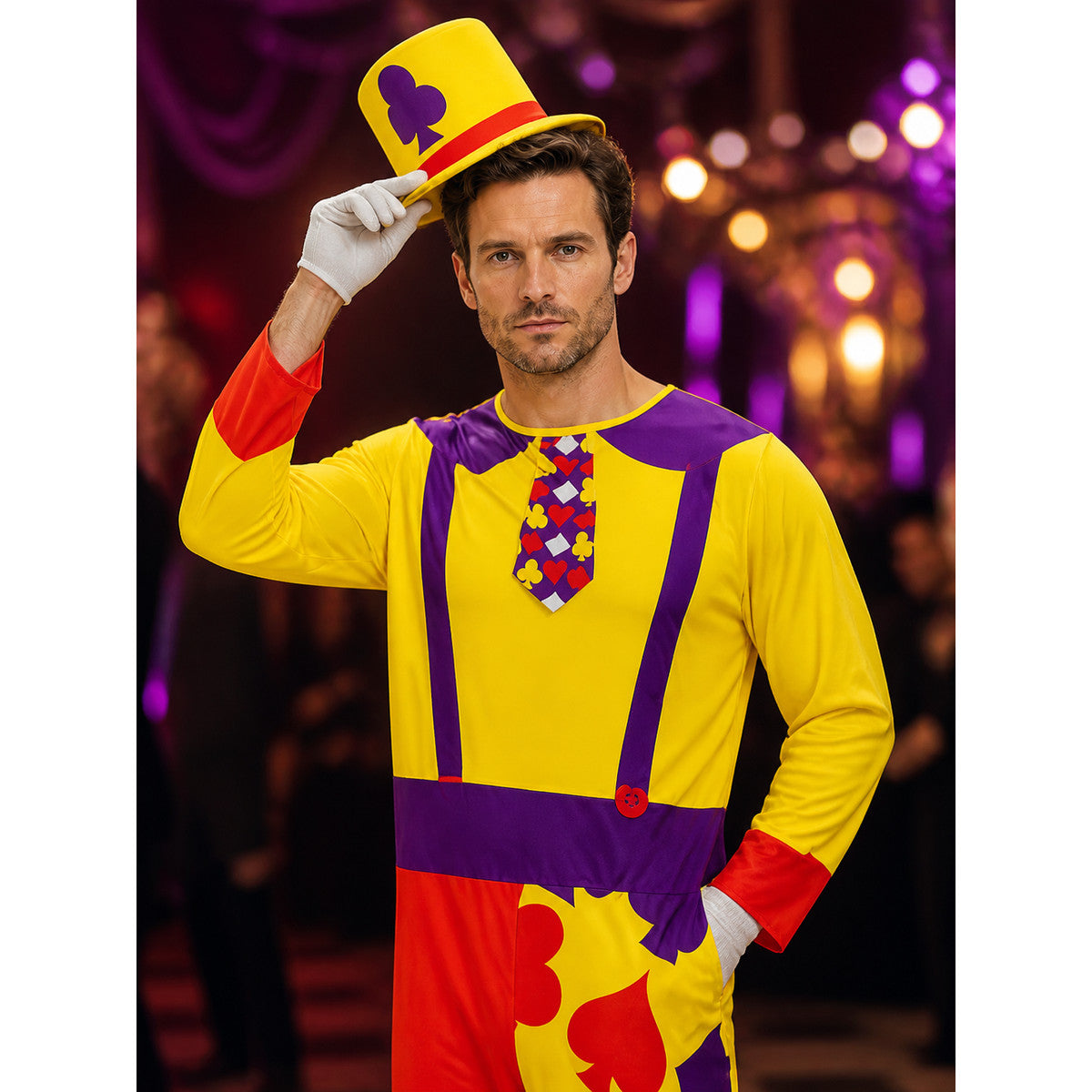 Adult Unisex Clown Jumpsuit Costume With Hat, Colorful Heart & Flower Print on-model view