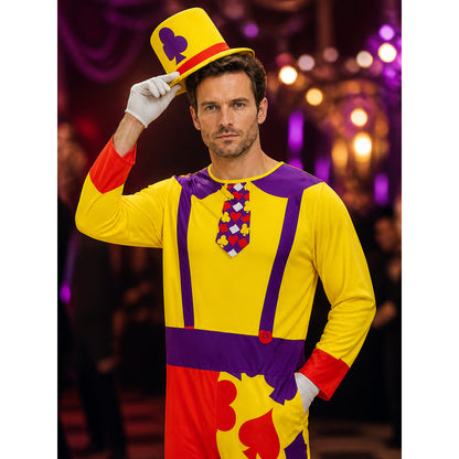 Adult Unisex Clown Jumpsuit Costume With Hat, Colorful Heart & Flower Print on-model view