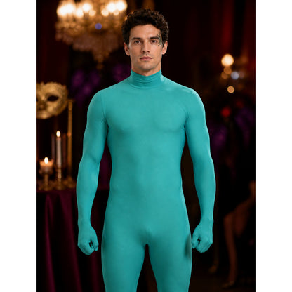 Unisex Green Invisible Man Bodysuit Costume, Hooded Full Body Morph Suit on-model view