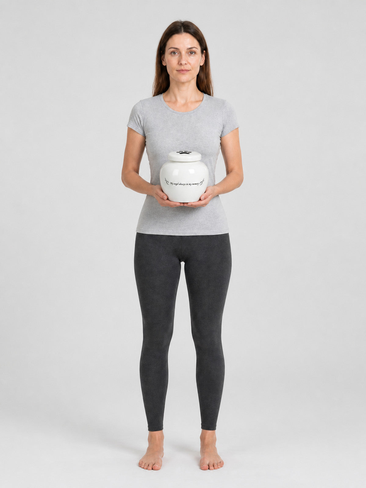 Round White Ash Urn with Lid and Wings on-model view