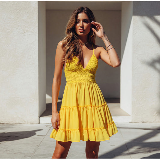Yellow Women’s V-Neck Strappy Dress with Ruffles