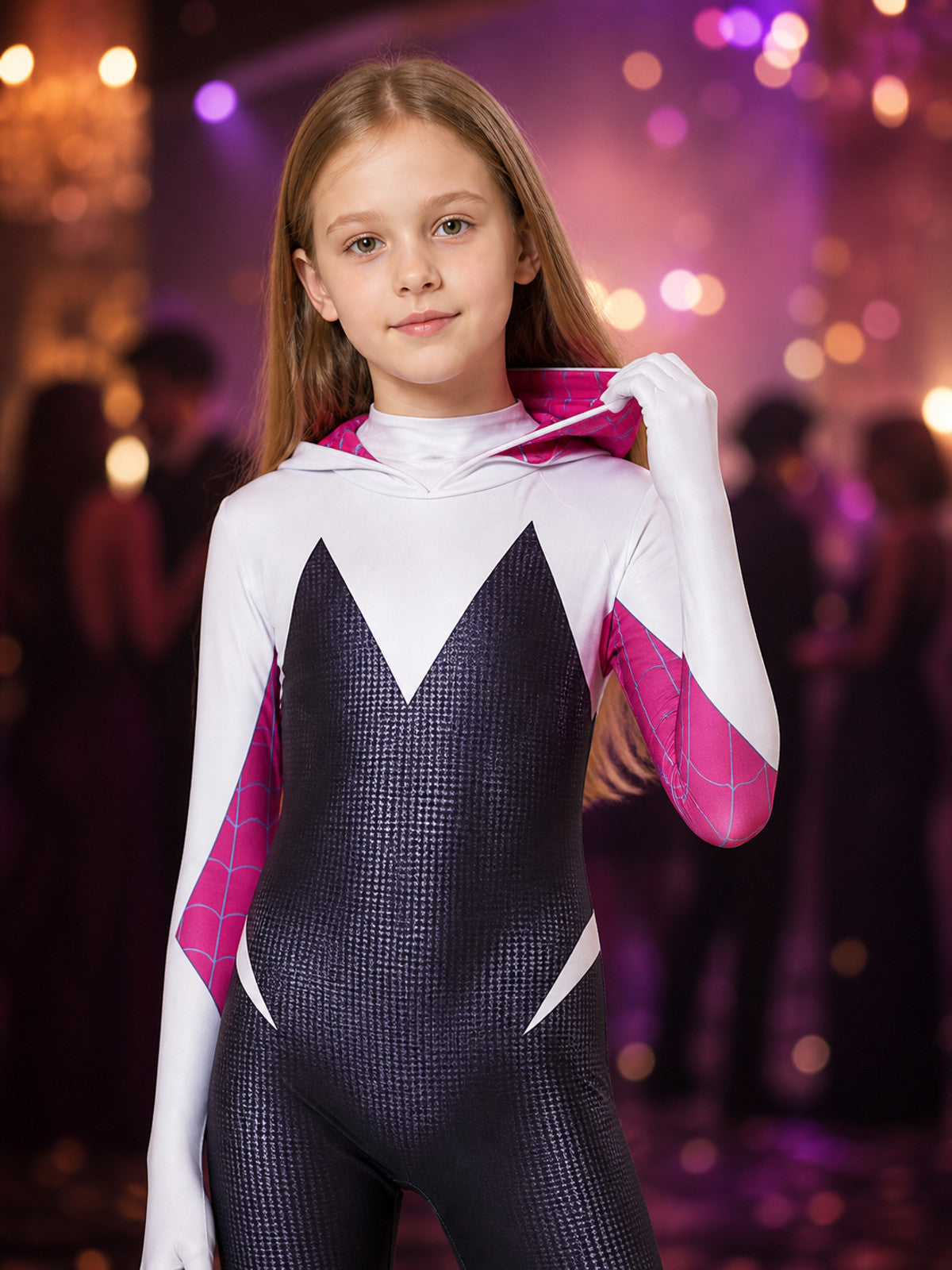 Kids' Gwen Spider Character Hooded Bodysuit Costume on-model view