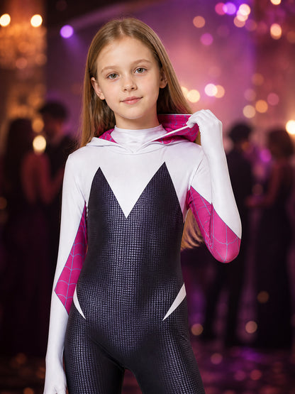Kids' Gwen Spider Character Hooded Bodysuit Costume on-model view