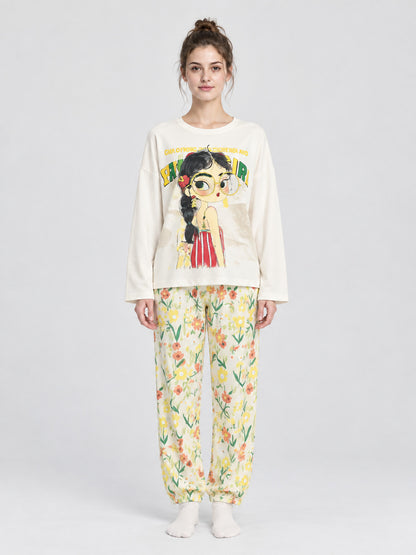 Pajama Set with Long-Sleeve Top and Long Pants with Cartoon Print