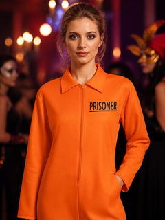 Orange Prisoner Jumpsuit Costume, Long Sleeve Collared Zipper Cosplay Outfit