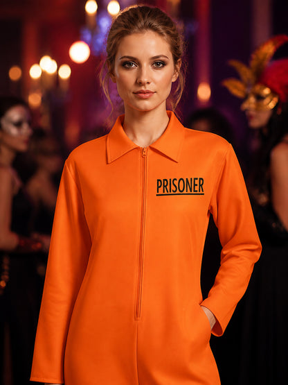 Orange Prisoner Jumpsuit Costume, Long Sleeve Collared Zipper Cosplay Outfit on-model view