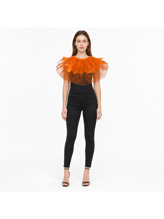 Orange Feather Mesh Shawl, Short Sheer Shoulder Cover With Radiating Feather