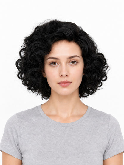 Black short curly wig with voluminous waves, shown front-facing on a model against a white background