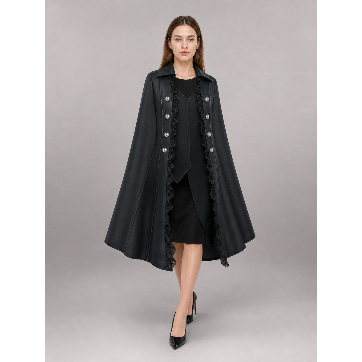 Black Gothic Carnival Cloak with Lace front view