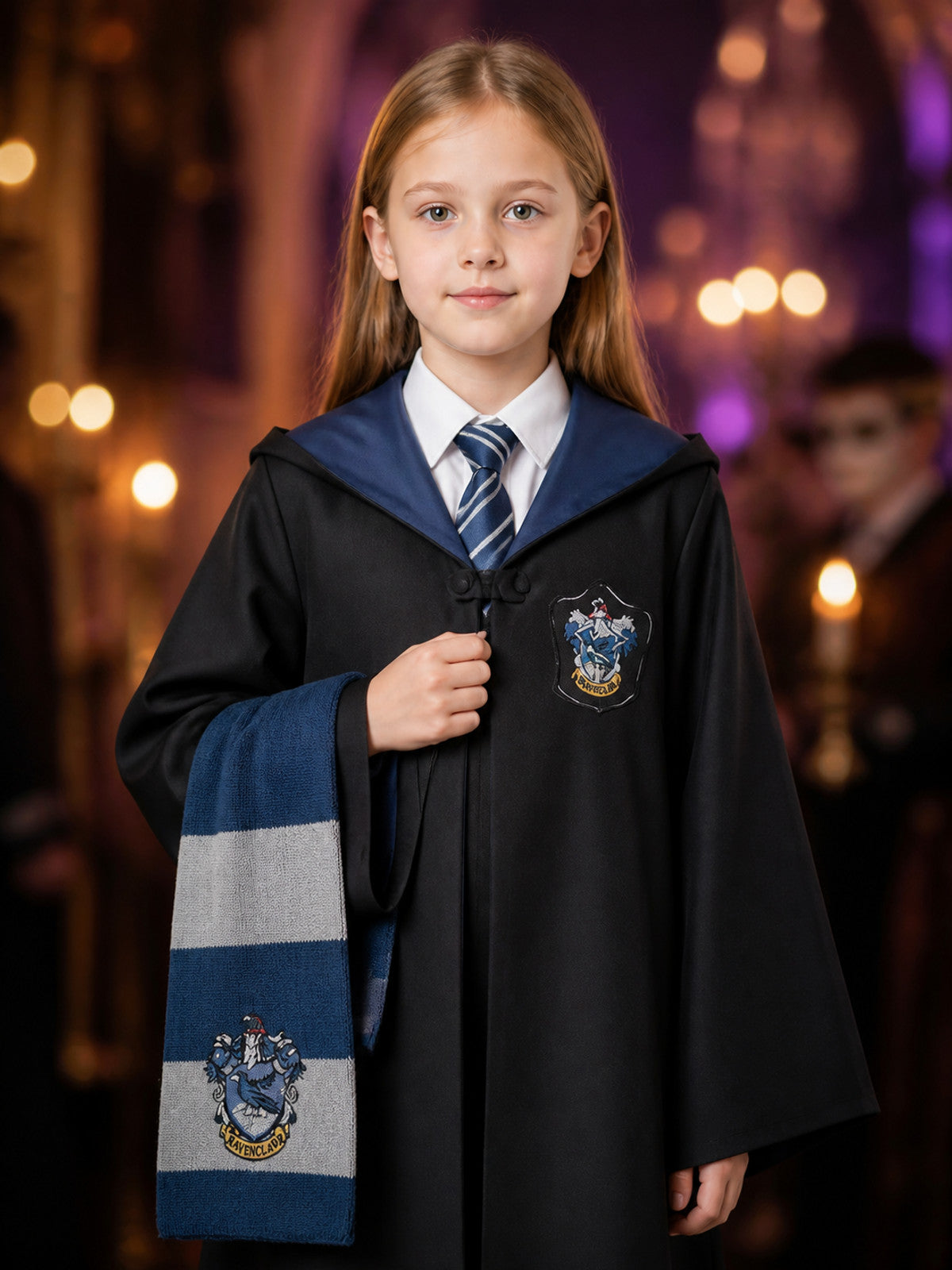 Academy Wizard Robe Costume Set, Hooded Long Robe With Tie And Scarf on-model view