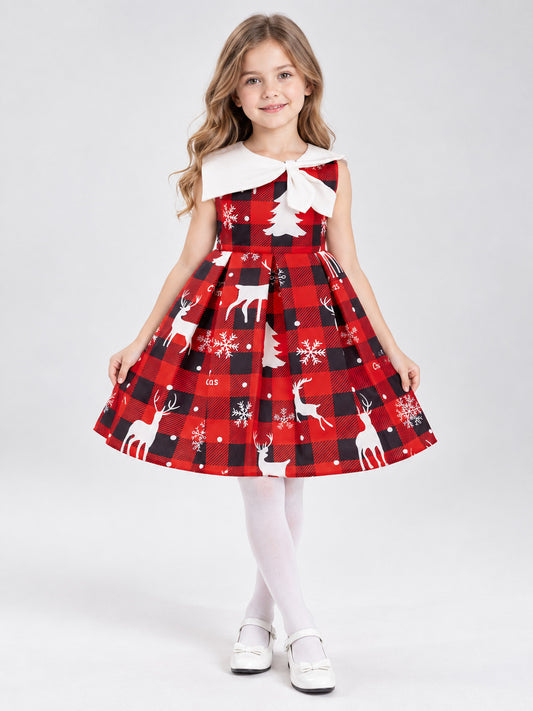 Girls' Plaid Holiday Dress with Christmas Print
