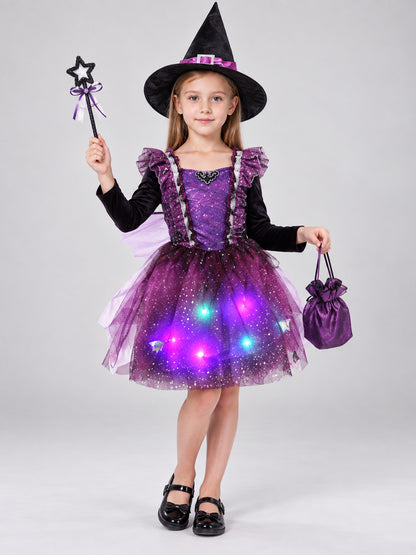 Kids' witch carnival costume with a glowing skirt