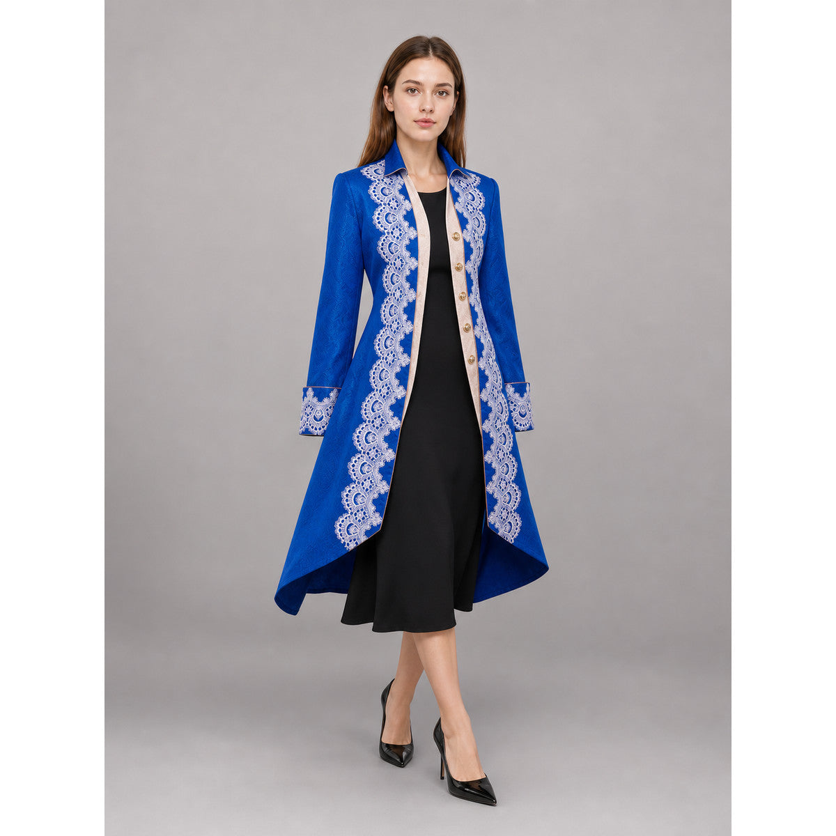 Blue costume tailcoat with decorative trim front view