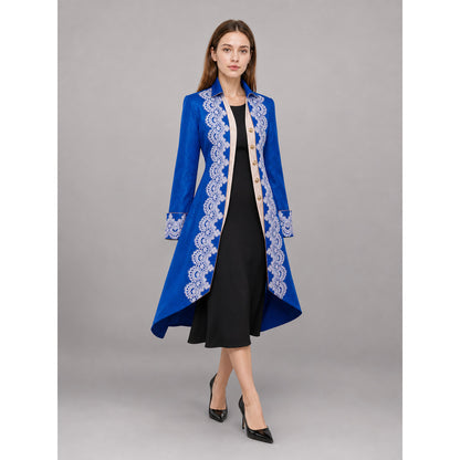 Blue costume tailcoat with decorative trim front view