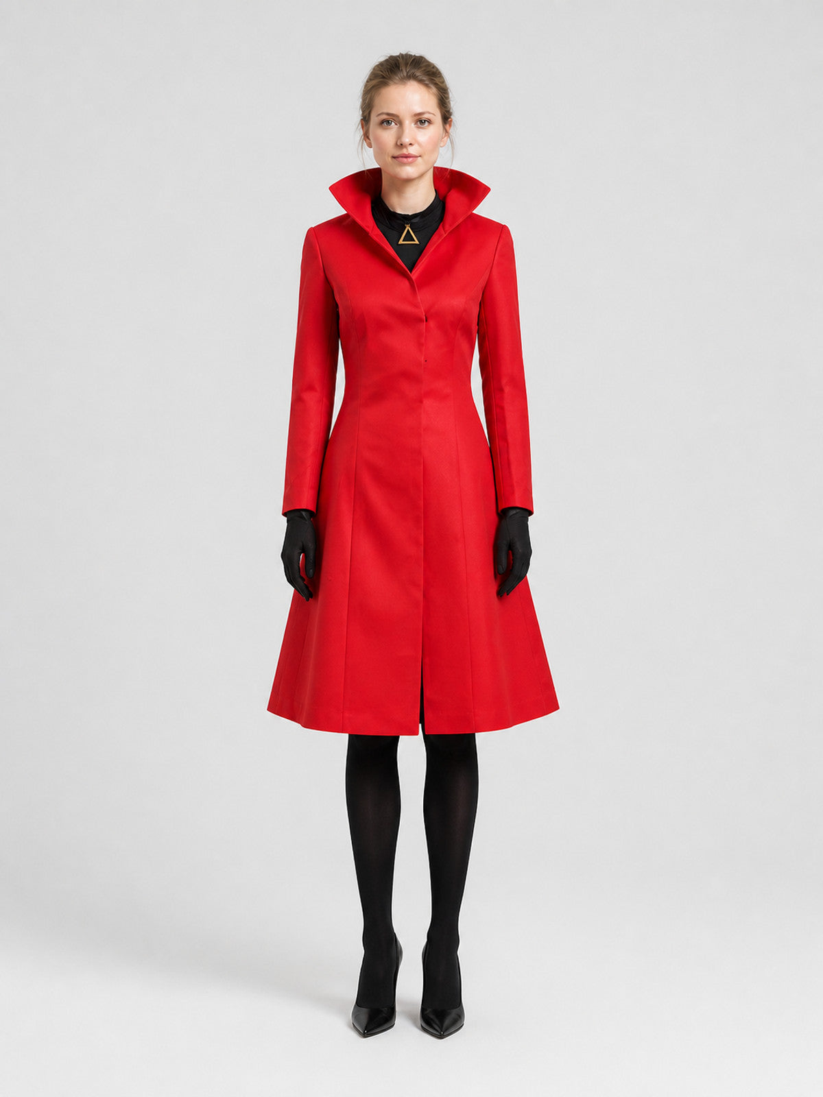 Red Long Cosplay Coat with a Stand Collar on-model view