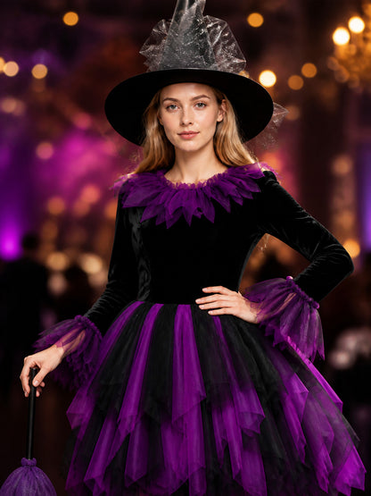 Adult & Kids Witch Costume Dress, Long Sleeve Layered Tulle Purple & Black