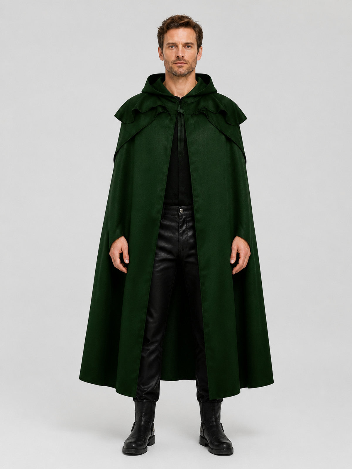Dark Green Hooded Cloak for Halloween and Cosplay on-model view