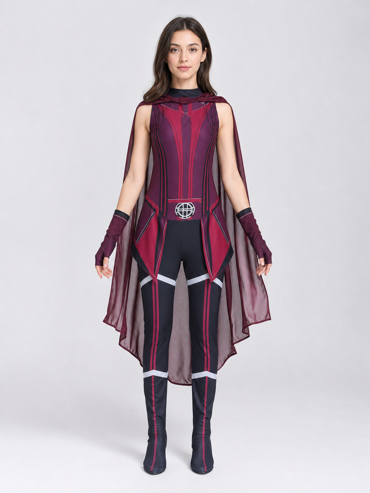 Scarlet Witch Cosplay Costume with Cape and Gloves front view