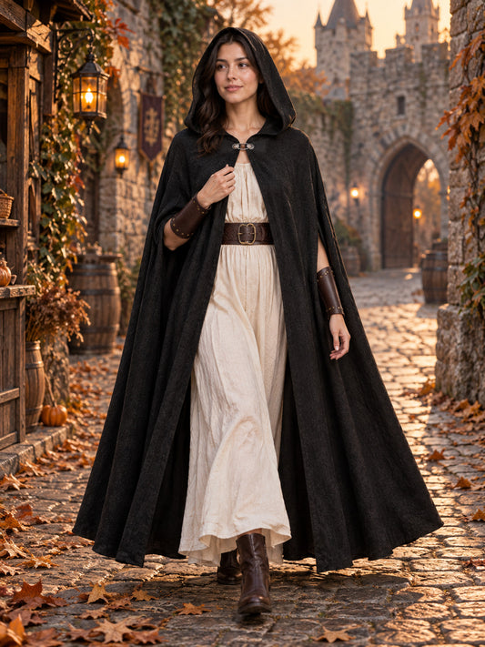 Black polyester cape-plash with a belt and wrist detail, casual-style model