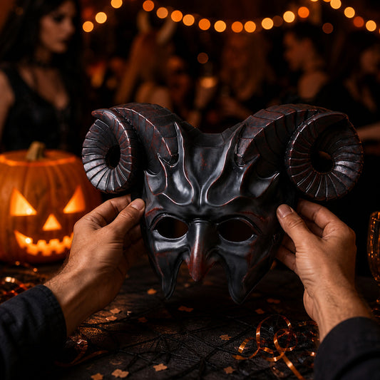 Glossy black horned mask with curled ridged horns and pointed lower details, held in both hands in a Halloween party setting