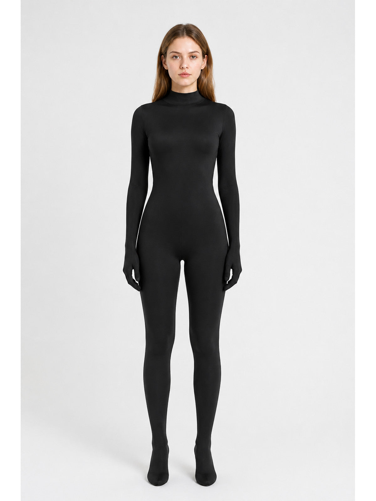 Form-fitting black jumpsuit with covered hands and feet main product view