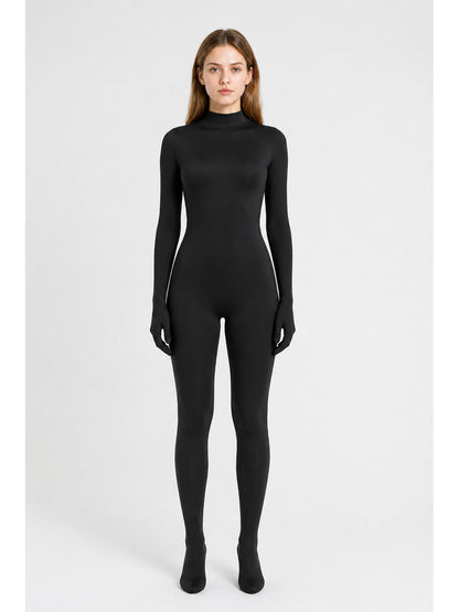 Form-fitting black jumpsuit with covered hands and feet main product view