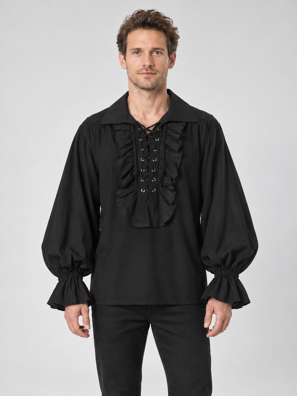 Black Shirt with Puff Sleeves, Ruffles, and Lacing