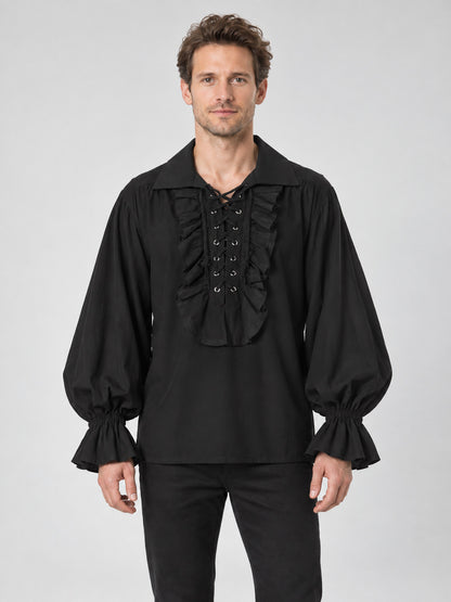 Black Shirt with Puff Sleeves, Ruffles, and Lacing