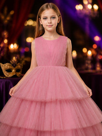 Girls' Pink Princess Dress, Sleeveless Tiered Tulle Floor-Length Formal Gown