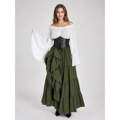 Women's Renaissance Corset Dress – White Off-Shoulder Flared Sleeve Top & Olive Green Tiered Skirt Costume