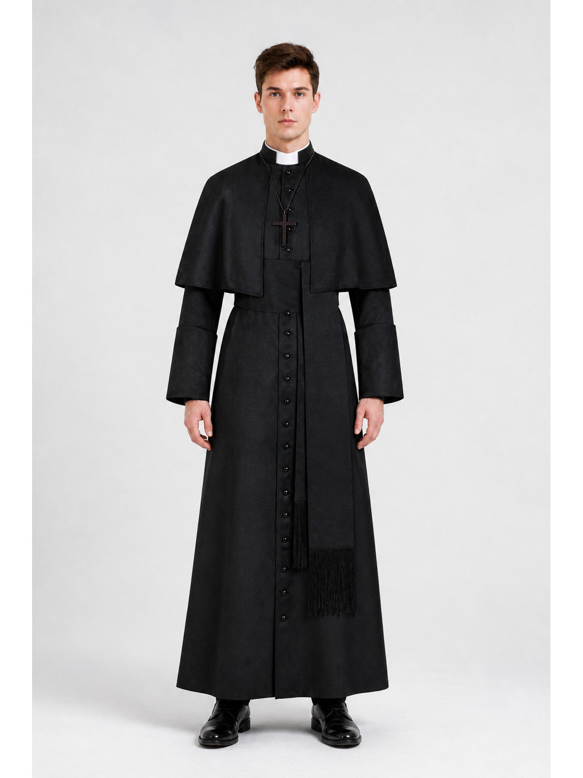 Long Black Cassock with a Cross and White Collar main product view