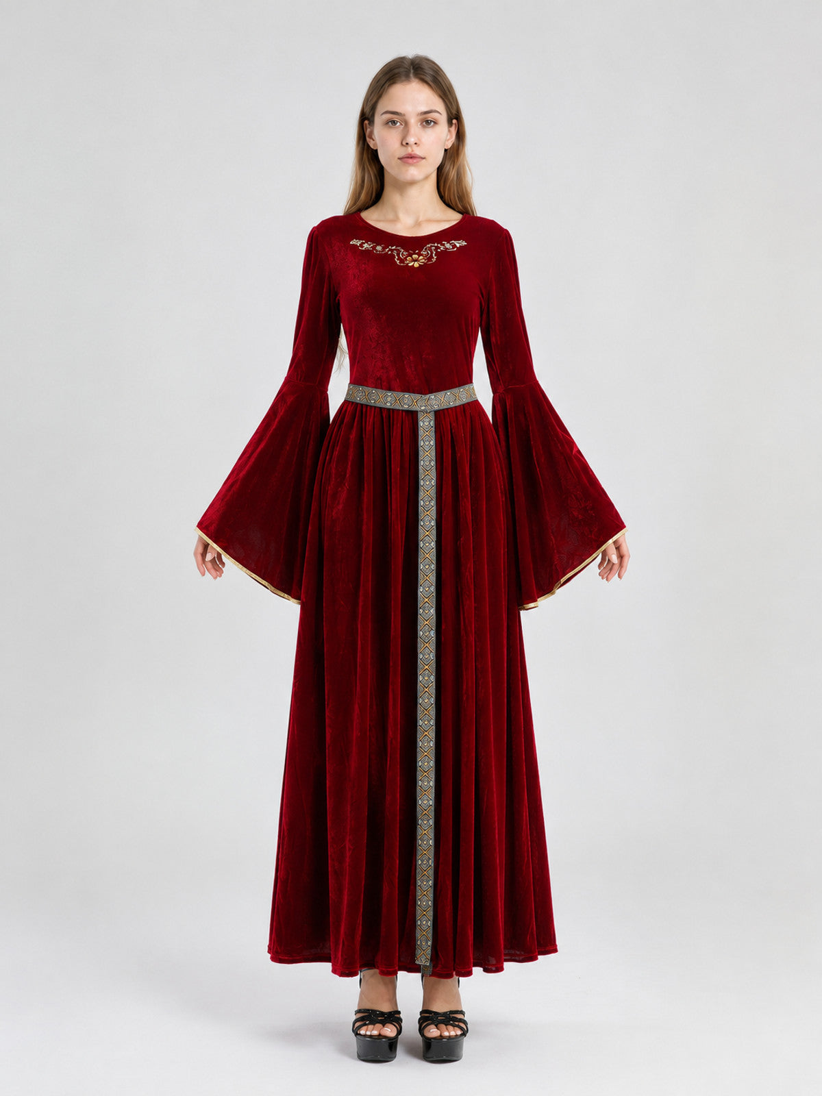 Burgundy Costume Dress with Belt and Embroidery on-model view