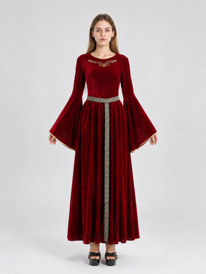 Burgundy Costume Dress with Belt and Embroidery on-model view