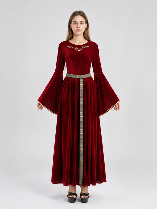 Burgundy Costume Dress with Belt and Embroidery on-model view