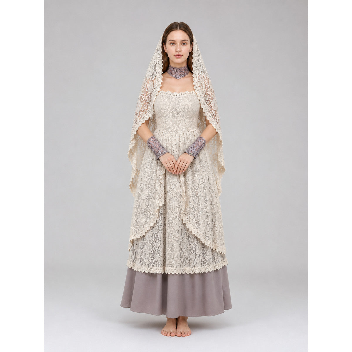 Retro Dress with Lace Head Covering