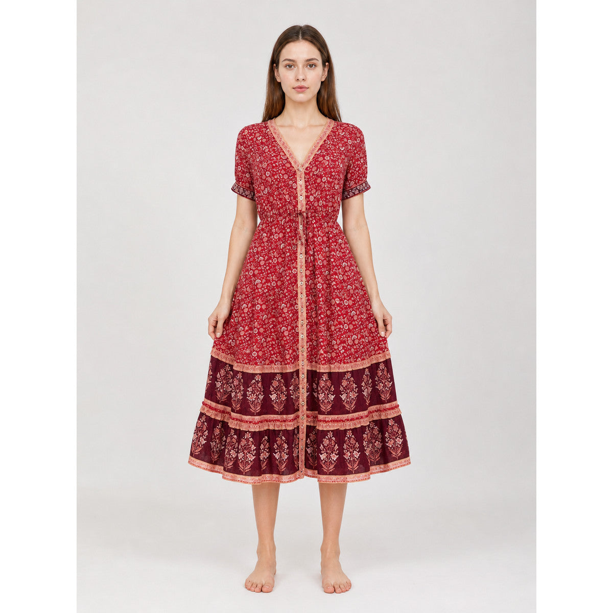 Midi Dress with Floral Print and Tiered Skirt