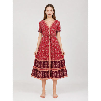 Midi Dress with Floral Print and Tiered Skirt