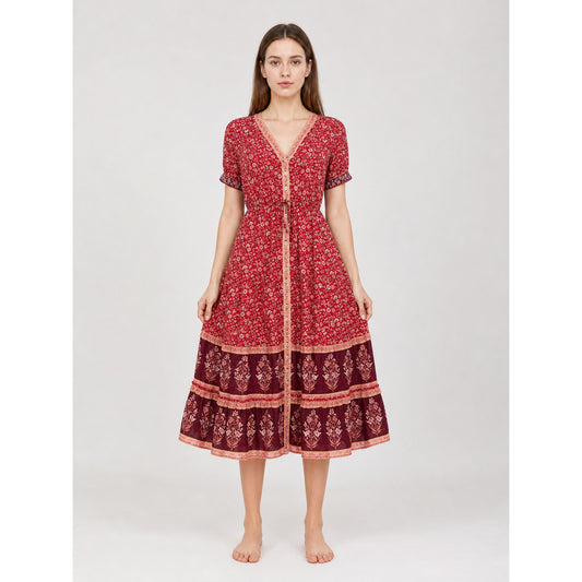 Midi Dress with Floral Print and Tiered Skirt