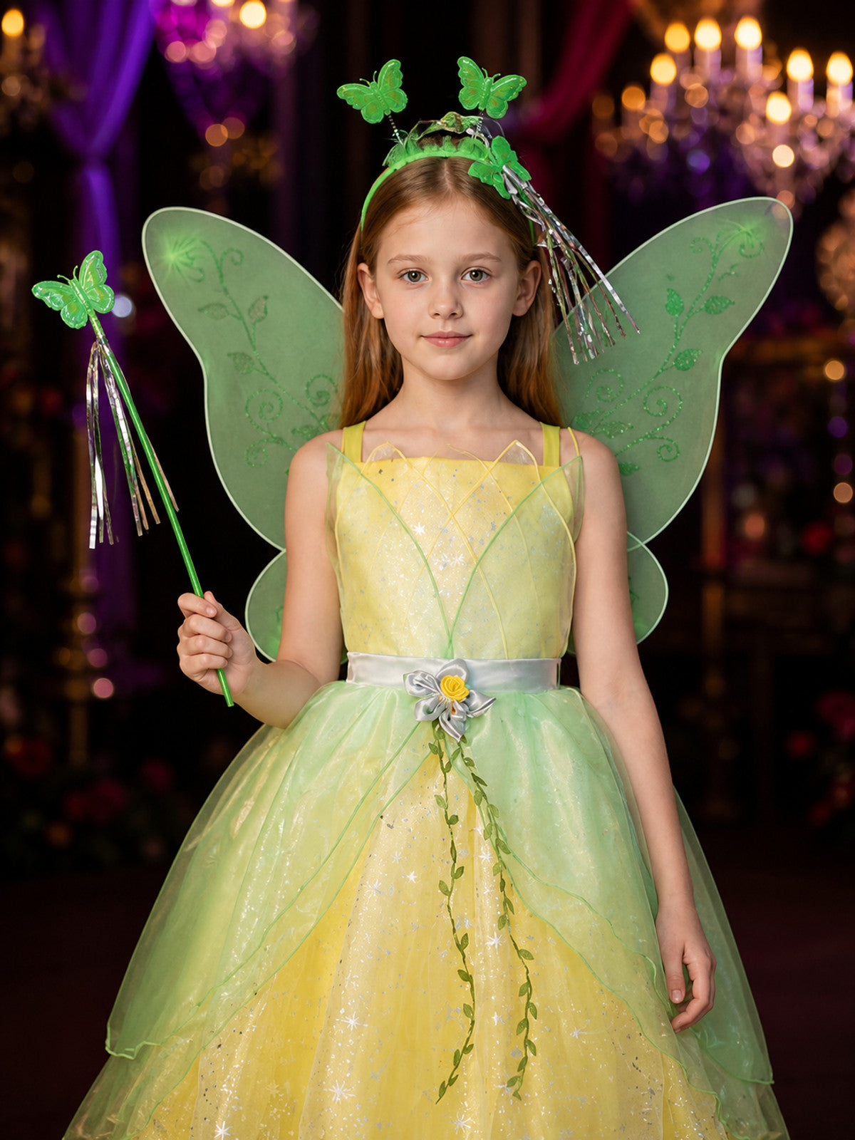 Girls Tinker Bell Fairy Dress Costume Set with Wings, Headband & Wand on-model view