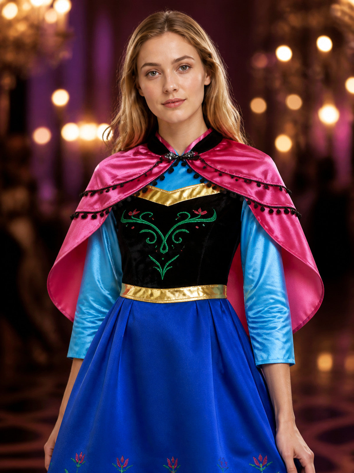 Anna Style Princess Costume Dress, Blue Floral Print Cape Gown with Gold Belt