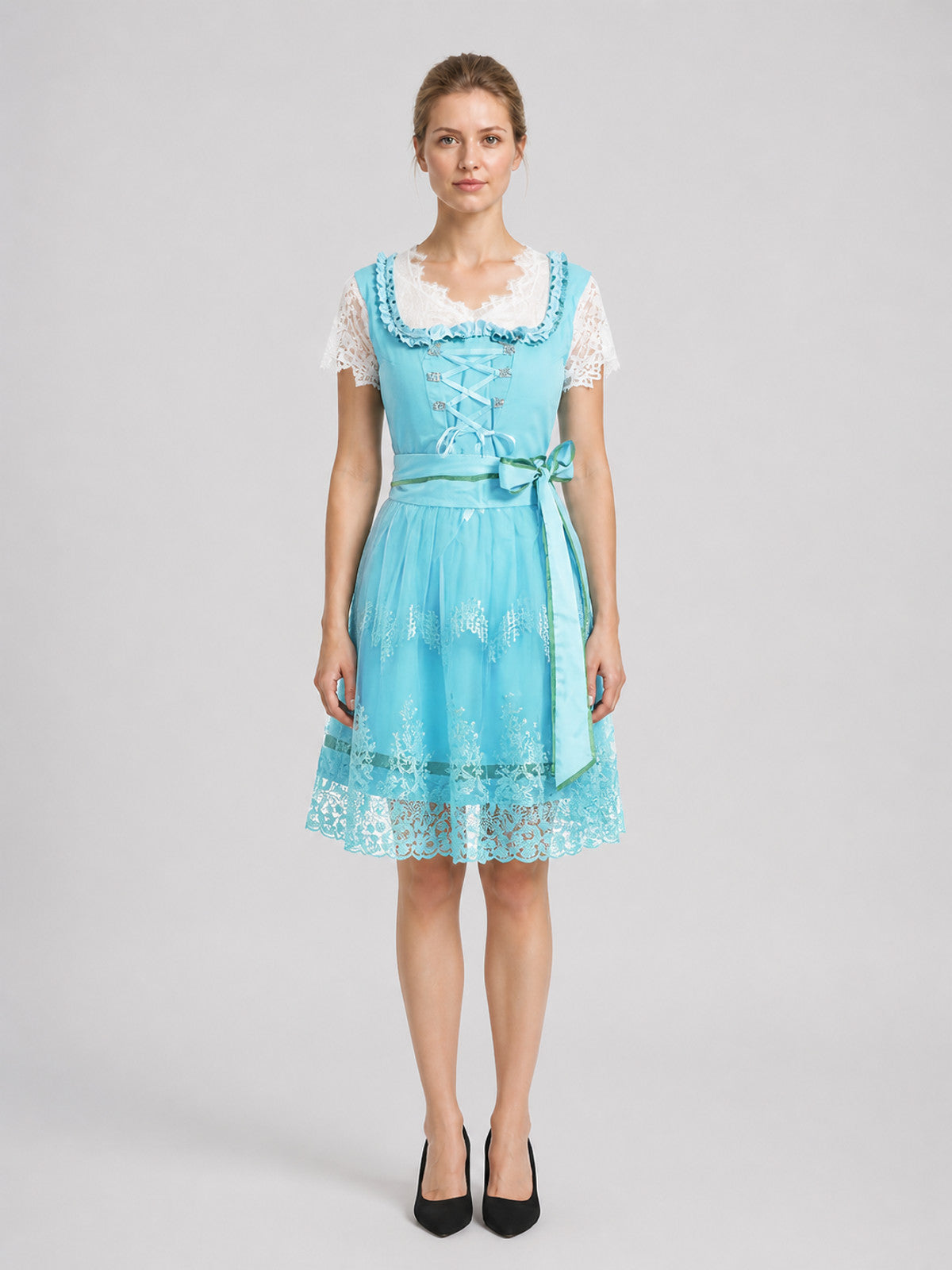 Short Light Blue Dress with Lace and Lacing on-model view