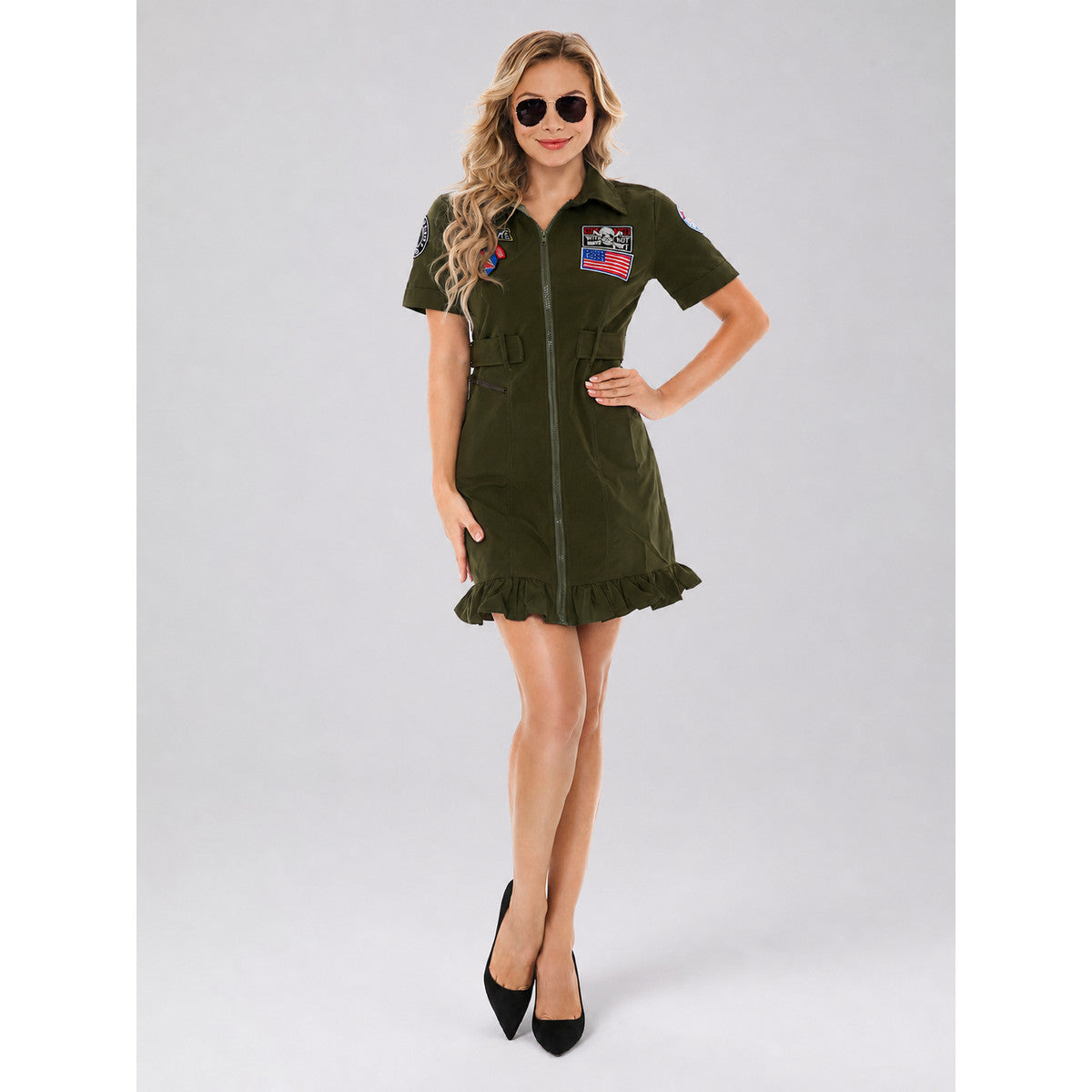 Military-Style Dress with Patches and Ruffles