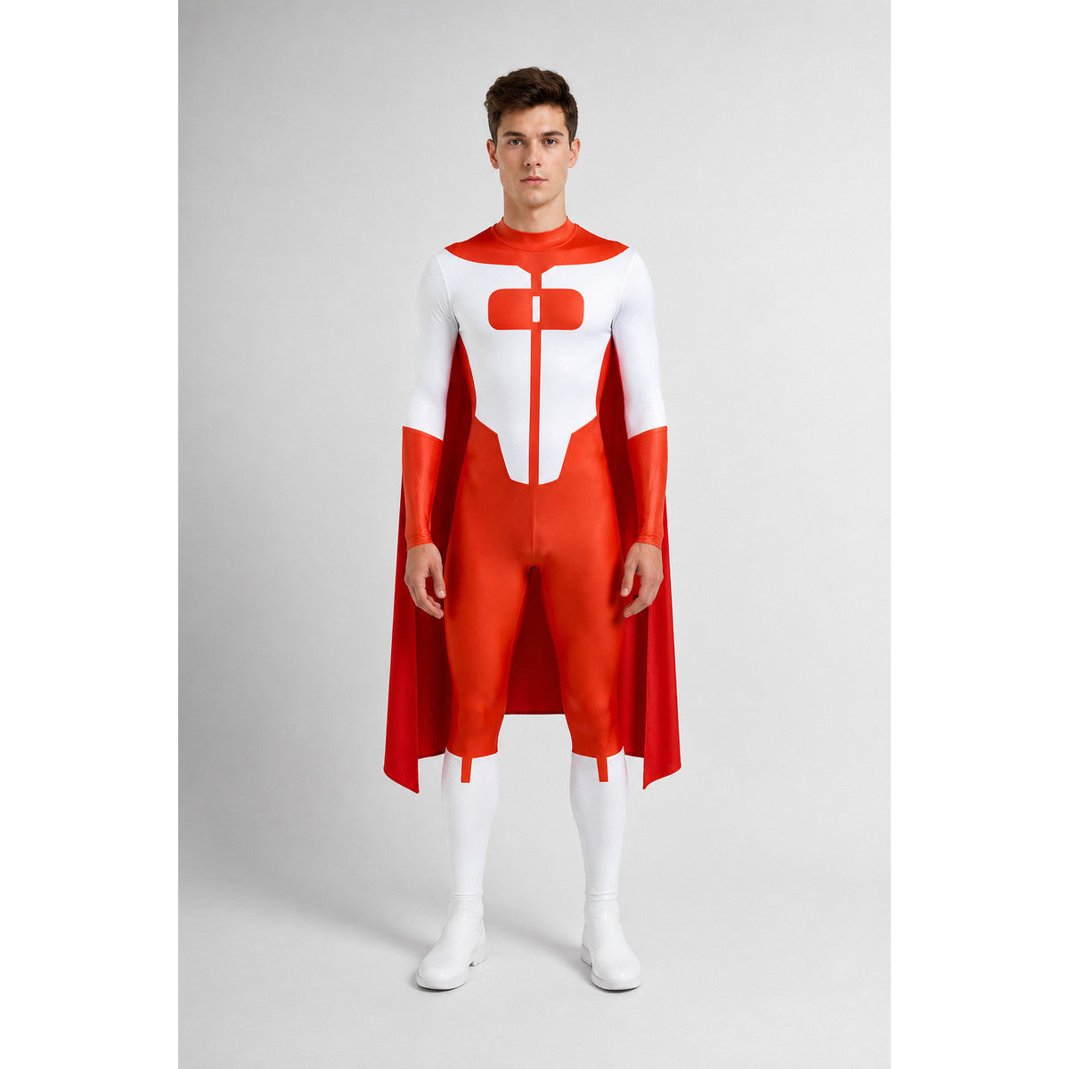 Red-and-White Jumpsuit with Cape and Long Sleeves