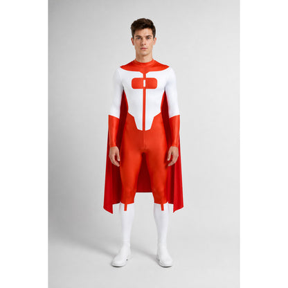 Red-and-White Jumpsuit with Cape and Long Sleeves